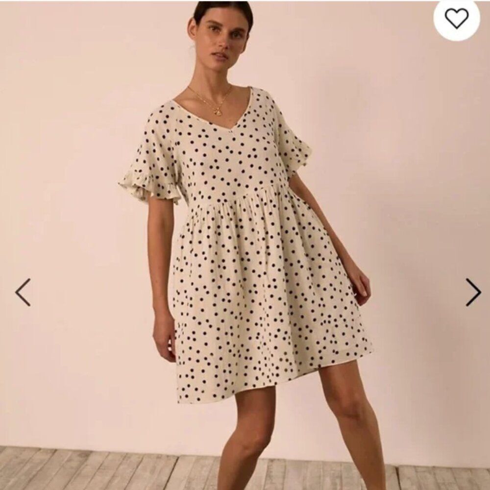 Madewell Lightspun Ruffle-Sleeve Babydoll Dress in Dot Toss Ivory Black XS